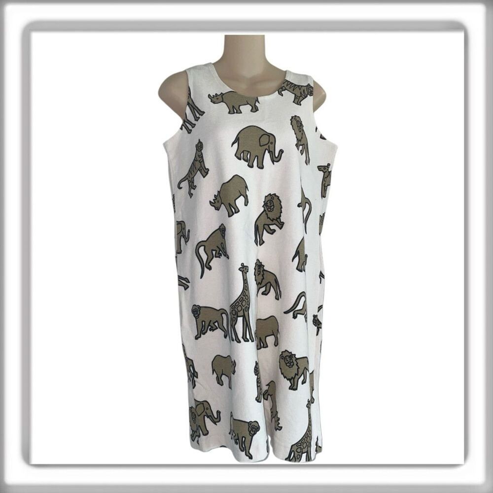 Vintage Michigan Rag Co. MRC Safari Animals Sleeveless Dress Cream Size Medium